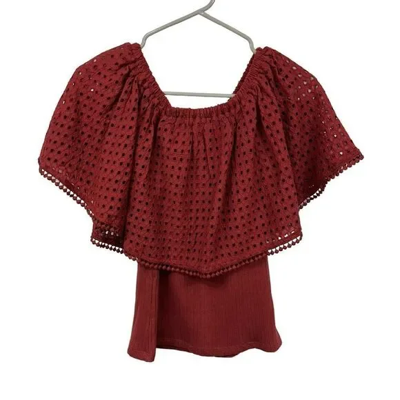 Anthropologie The Odells Off the Shoulder Eyelet Brick Color Blouse, Small - Picture 4 of 12